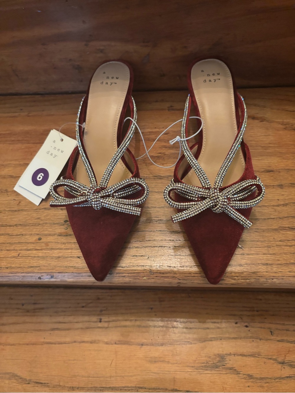 a new day Burgundy Pointed Toe Slingback Mules with Crystal Bow size 6 only